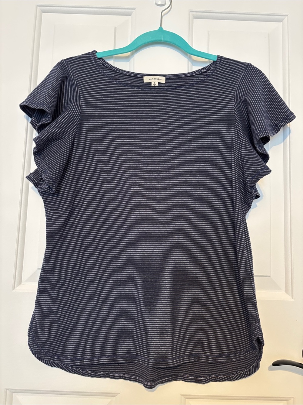 Max Studio Navy and White Narrow Stripe Ruffle-Sleeve Tee